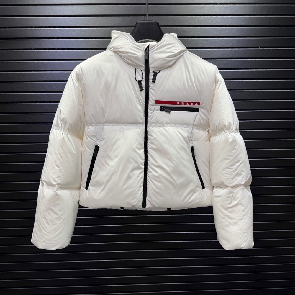 Prada White Cropped Hooded Puffer with Black Zips and Red Logo Stripe